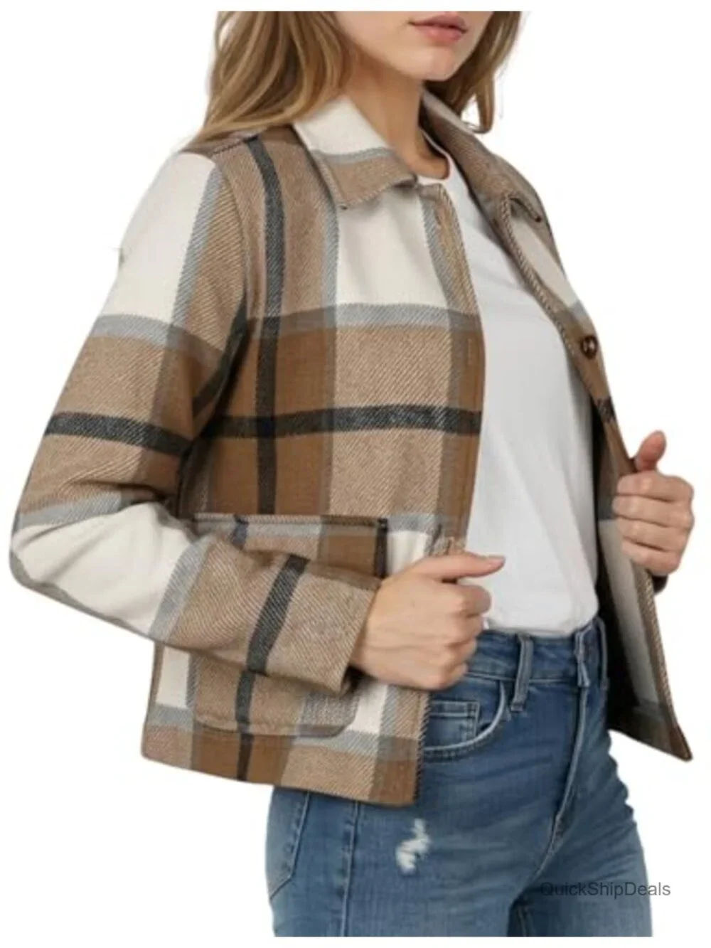Cropped Plaid Flannel Shacket Casual Button Down Jacket Fall Winter
